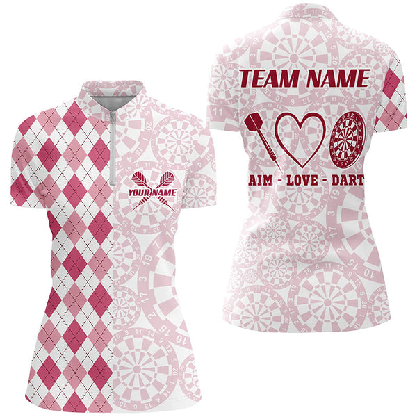 Aim Love Darts Custom Pink Argyle Women Darts Polo & 1/4 Shirts, Funny Darts Shirts Darts Team Jersey TDM2529