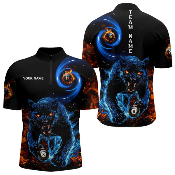 Personalized Orange And Blue Flaming 3D Panther Billiard Shirts For Men, Cool Team Billiard Jerseys TDM3600