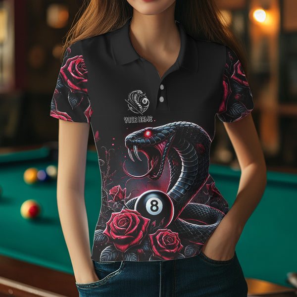 Personalized Rose 8 Ball Pool Cobra Snake Billiard Shirts For Women, Billiard Jerseys Polo & 1/4 Zip TDM3748