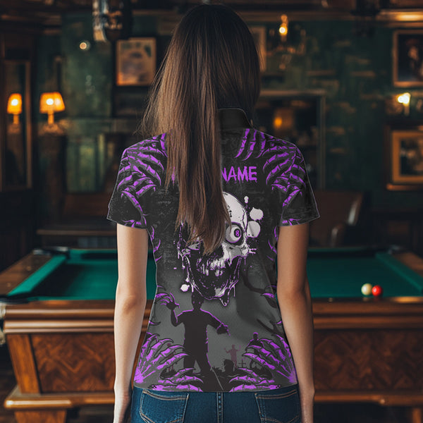 Funny Skull Claw Pattern Custom Women Billiard Shirts, Grunge Purple Black Team Billiard Jerseys TDM3751