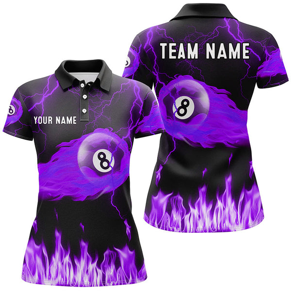 Personalized Purple 8 Ball Flame Thunder Lightning Billiard Shirts For Women, Pool Team League Shirts TDM2053