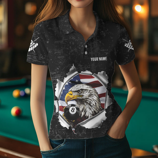 Personalized 8 Ball Pool Eagle US Flag Billiard Shirts For Women Custom Black Grunge Billiard Jerseys TDM3762
