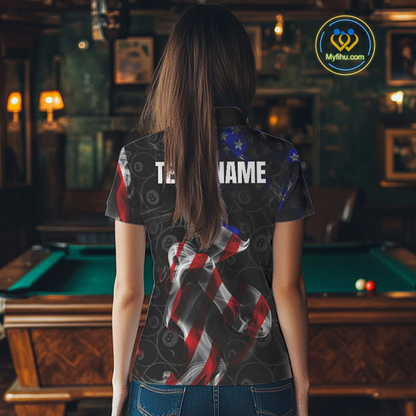 American Flag Smoke 8 Ball Billiard Shirts For Women Custom Patriotic Billiard Pool Team Jerseys TDM4028