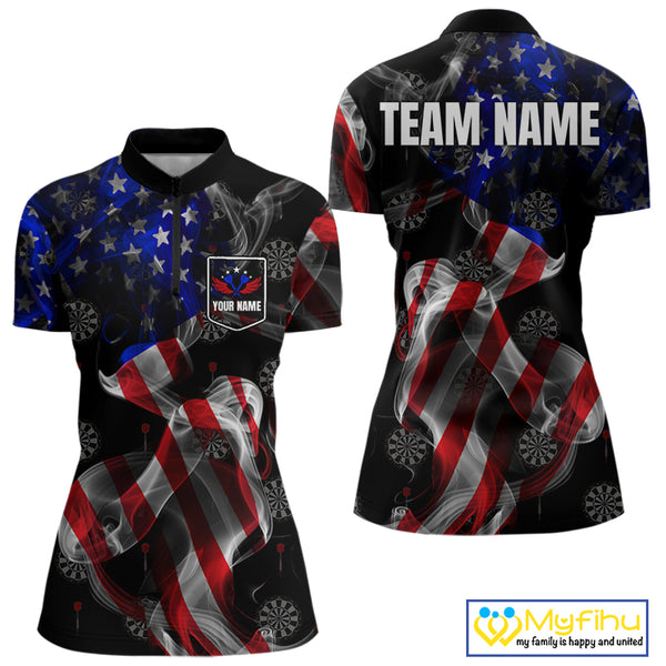 Custom Women's Dart Shirt With Pocket Option, US Flag Smoke Darts Team Jersey TDM4029