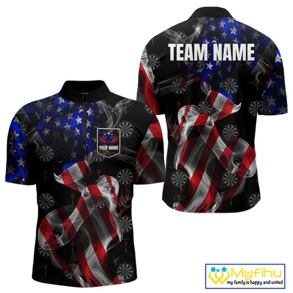 Custom Men's Dart Shirt With Pocket Option, US Flag Smoke Darts Team Jersey TDM4029