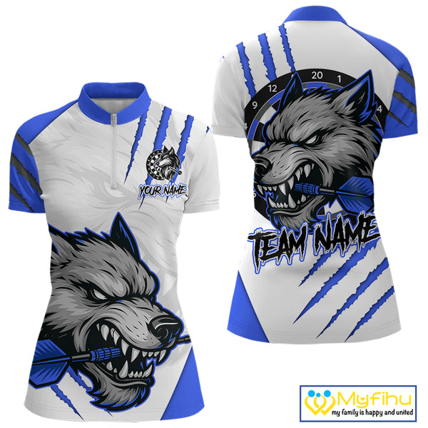 Blue And White Custom Claw Wolf Dart Shirts For Women, Dart Team Shirt Polo & 1/4 Zip, Dart Jerseys TDM4032