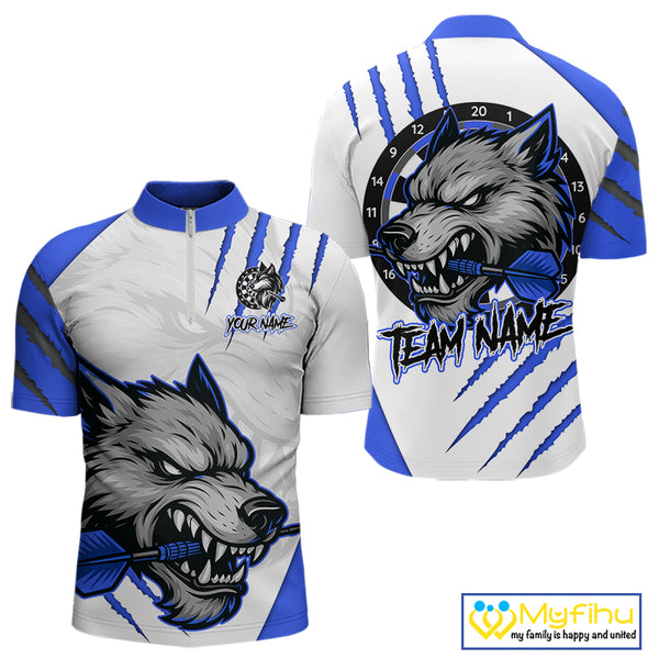 Blue And White Custom Claw Wolf Dart Shirts For Men, Dart Team Shirt Polo & 1/4 Zip, Dart Jerseys TDM4032