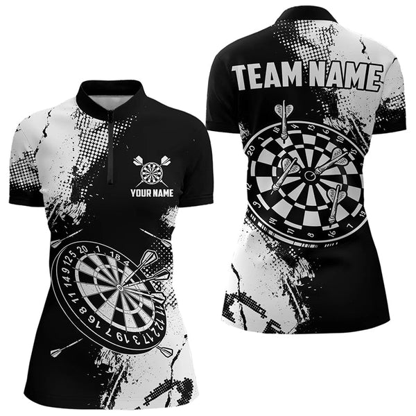 Grunge Black And White Dart Polo & Quarter Zip Custom Dart Shirts For Women, Retro Dart Jerseys TDM3271