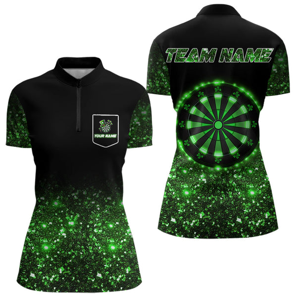 Custom Green Glowing Patrick Day Dart Shirts For Women, Shamrock Dart Jerseys TDM3612