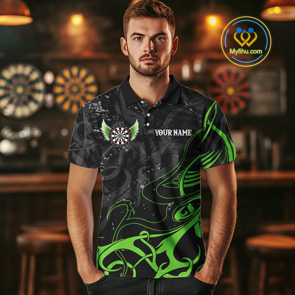 Black Green Custom Wings Darts Shirts For Men, Darts Jersey Pocket Option TDM4041
