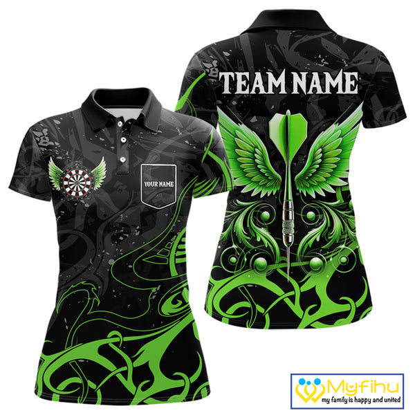 Black Green Custom Wings Darts Shirts For Women, Darts Jersey Pocket Option TDM4041