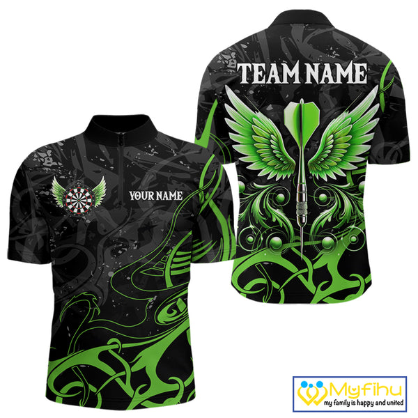 Black Green Custom Wings Darts Shirts For Men, Darts Jersey Pocket Option TDM4041