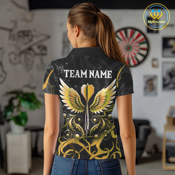 Yellow Black Custom Wings Darts Shirts For Women, Darts Jersey Pocket Option TDM4042