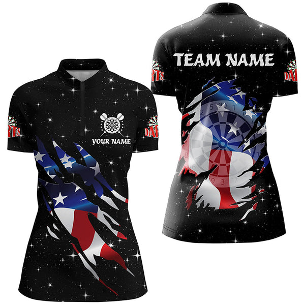 Personalized Galaxy American Flag Darts Shirts For Women Custom Patriotic Darts Team Jerseys |Black TDM2283
