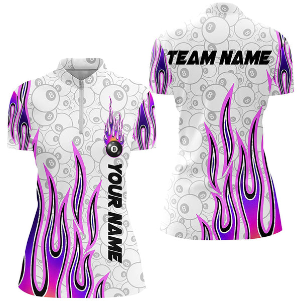 Fire Flame Purple 8 Ball Pattern Custom Billiard Shirts For Women, Best 8 Ball Pool Jerseys Apparel TDM2287