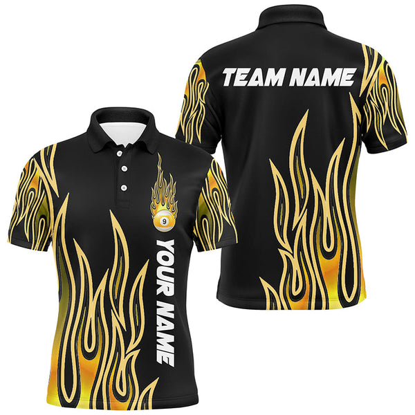 Fire Flame Yellow 9 Ball Pool Custom Black Billiard Shirts For Men, Best 9 Ball Jerseys Apparel TDM2288