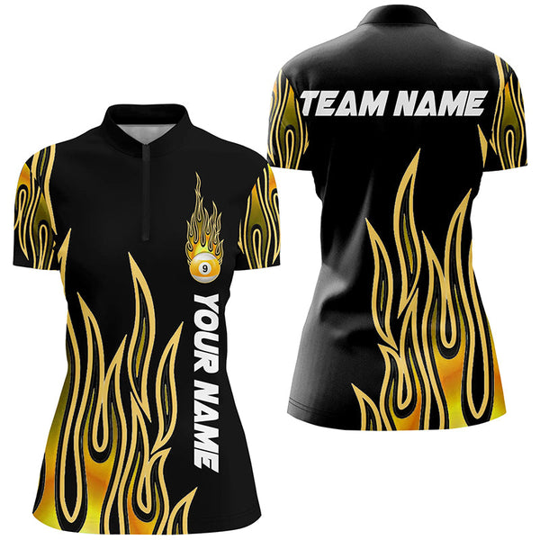 Fire Flame Yellow 9 Ball Pool Custom Black Billiard Shirts For Women, Best 9 Ball Jerseys Apparel TDM2288