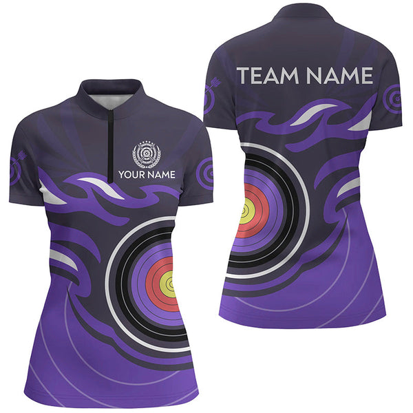 Personalized Purple Archery Target Flame Women Polo & 1/4 Zip Shirts, Archery Shirts For Team Jerseys TDM3036