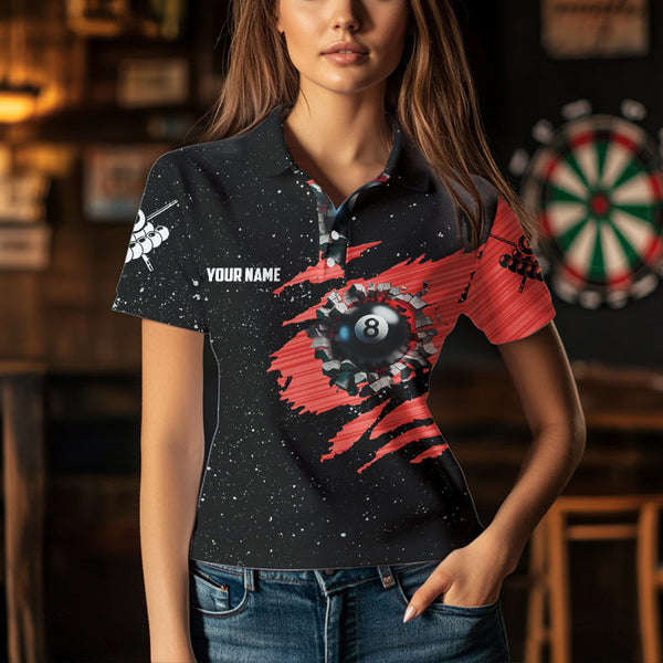 Customized Grunge American Flag 8 Ball Pool Women Billiard Polo Shirts, Pool Player Shirts |Red TDM1114
