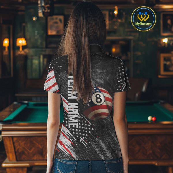 Personalized Grunge American Flag Women's Billiard Shirts Custom 8 Ball Pool Smoke Team Jerseys TDM4054