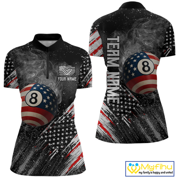 Personalized Grunge American Flag Women's Billiard Shirts Custom 8 Ball Pool Smoke Team Jerseys TDM4054
