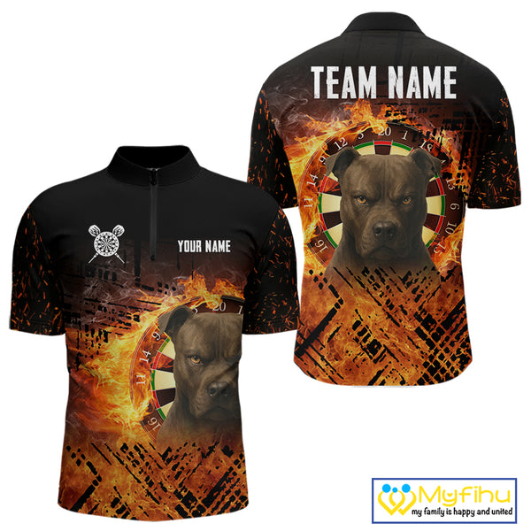 Personalized Fire Pitbull Dart Shirts For Men – Custom Flaming Darts Team Polo & 1/4 Zip Jerseys TDM4056