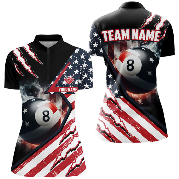 Personalized 8 Ball Pool US Flag Smoke Billiard Shirts For Women, Patriotic Billiard Jerseys Attire TDM1869