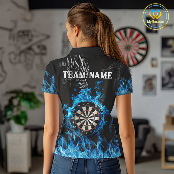 Personalized Blue Flaming Dragon Dart Shirts For Women Custom Darts Team Jerseys Polo & Quarter Zip TDM4060