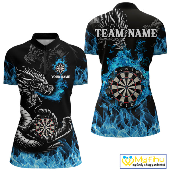 Personalized Blue Flaming Dragon Dart Shirts For Women Custom Darts Team Jerseys Polo & Quarter Zip TDM4060