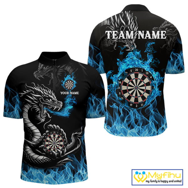 Personalized Blue Flaming Dragon Dart Shirts For Men Custom Darts Team Jerseys Polo & Quarter Zip TDM4060