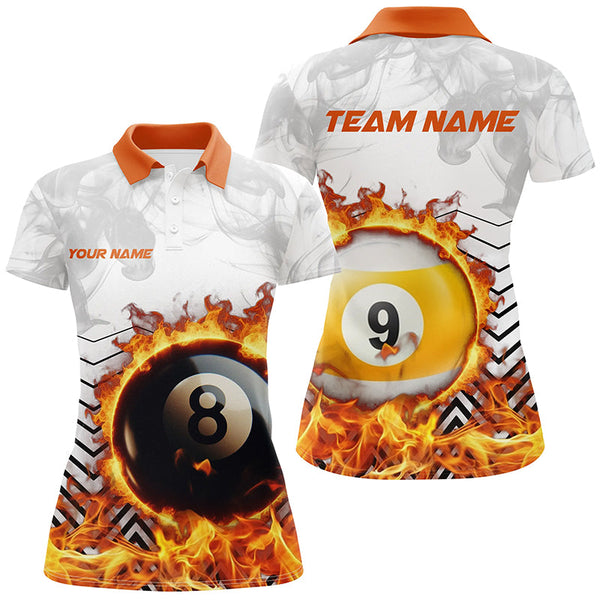 Personalized 8 Ball & 9 Ball Fire Flame Smoke Billiard Shirts For Women, Billiard Apparel For Team TDM2083