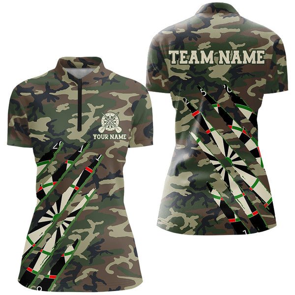 Military Green Camo Custom Women Darts Polo & Quarter-Zip Shirts, Personalized Army Darts Team Shirts TDM2559