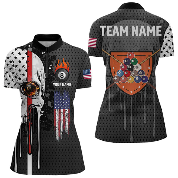 Personalized Grunge Skull Melting American Flag Billiard Shirt For Women Patriotic US Billiard Jersey TDM3292