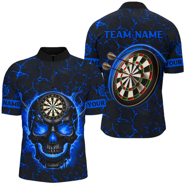 Personalized Fire Flame Skull Magma Pattern Men Darts Shirts, Dart League Shirts Team Jerseys |Blue TDM2585