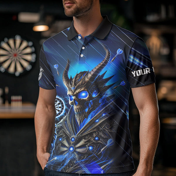 Personalized Blue Glowing Grim Reaper Dart Shirt Polo, Quarter Zip For Men Custom Skull Dart Jersey TDM3640