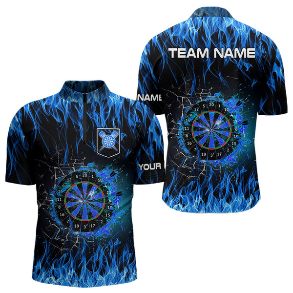 Blue Flaming Dart Shirt With Pocket Option For Men Custom Dart Team Jersey TDM3791