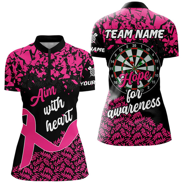 Aim With Heart Hope For Awareness Custom Dart Shirt For Women, Breast Cancer Pink Ribbon Darts Jersey TDM2358