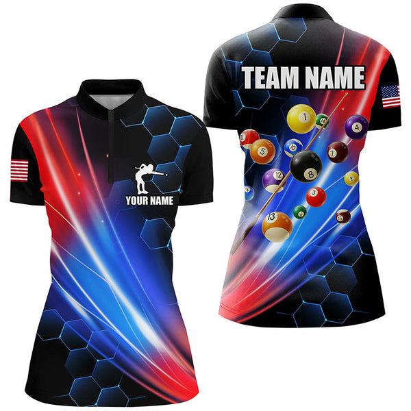 Glowing Red & Blue Custom Billiard Polo, 1/4 Zip Shirt For Women, Billiard Balls Team League Jerseys TDM2364