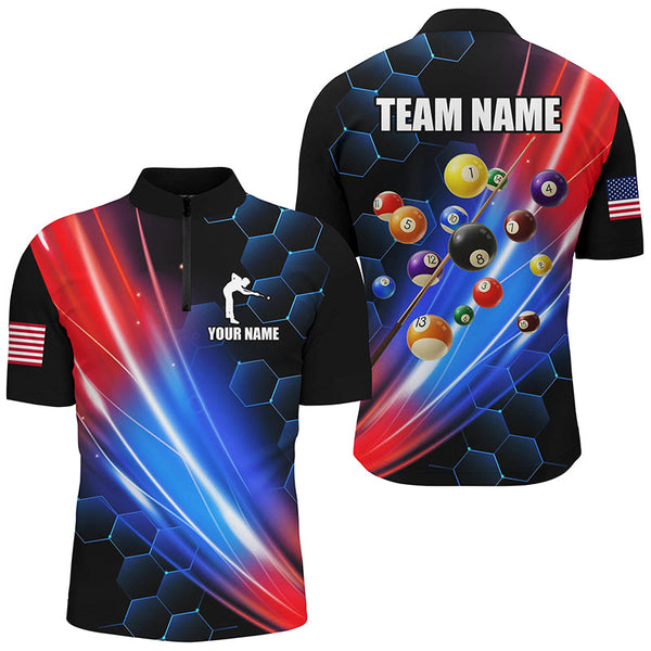 Glowing Red & Blue Custom Billiard Polo, 1/4 Zip Shirt For Men, Billiard Balls Team League Jerseys TDM2364