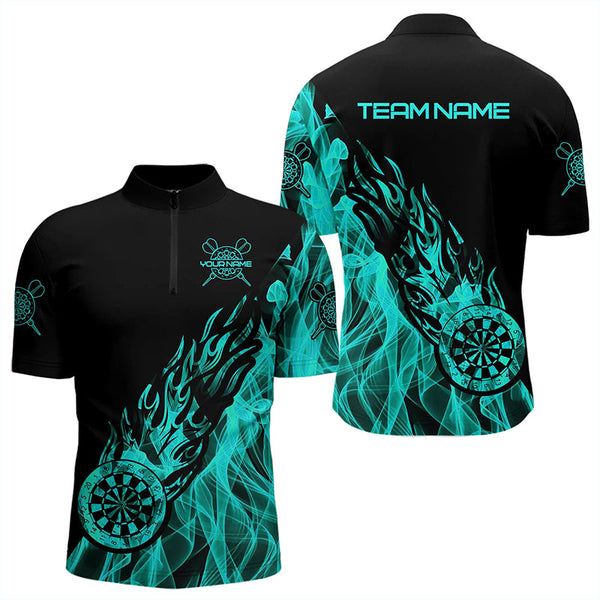 Black And Turquoise Fire Flame Darts Polo & Quarter Zip Custom Dart Shirt For Men Dart Jerseys TDM3341