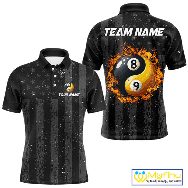 Black US Flag Ying And Yang 8 Ball & 9 Ball Custom Billiard Shirts For Men Funny Billiard Jerseys TDM4082