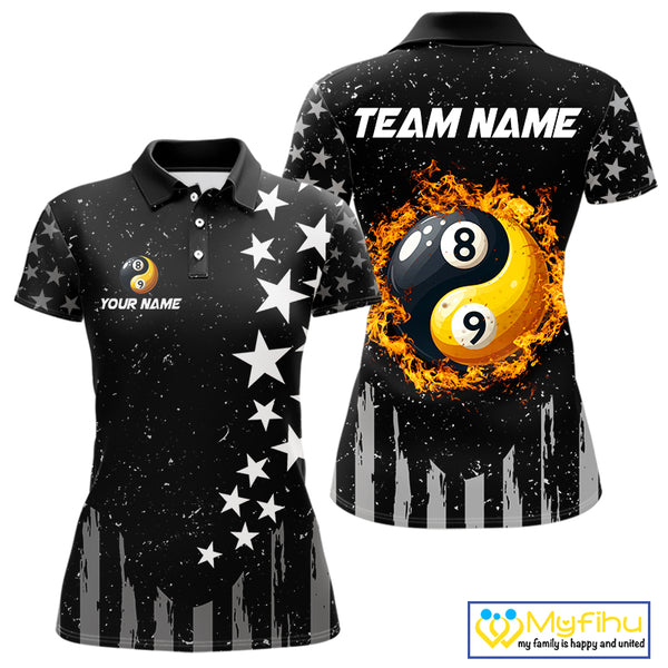 Black US Flag Ying And Yang 8 Ball & 9 Ball Custom Billiard Shirts For Women Funny Billiard Jerseys TDM4083
