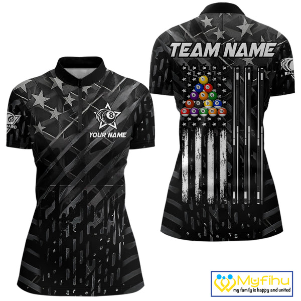 Black US Flag 8 Ball Billiard Shirts For Women Custom Patriotic Billiard Team Shirts, Pool Jerseys TDM4084