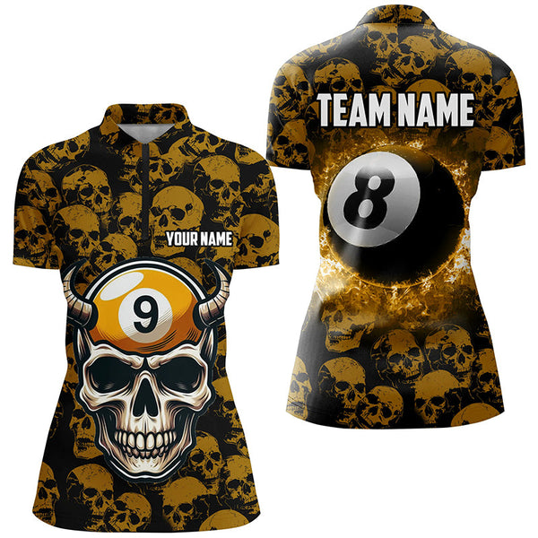 Personalized Billiard Jersey 8 & 9 Ball Custom Funny Skull Pattern Billiard Shirts For Women |Yellow TDM2369