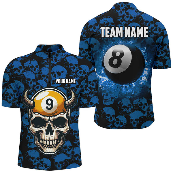 Personalized Billiard Jersey 8 & 9 Ball Custom Funny Skull Pattern Billiard Shirts For Men |Blue TDM2371