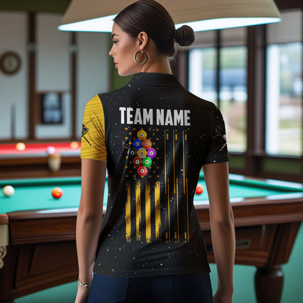 Yellow Black Grunge American Flag 9 Ball Pool Women Billiard Shirt Custom 9 Ball Billiard Jerseys TDM3502