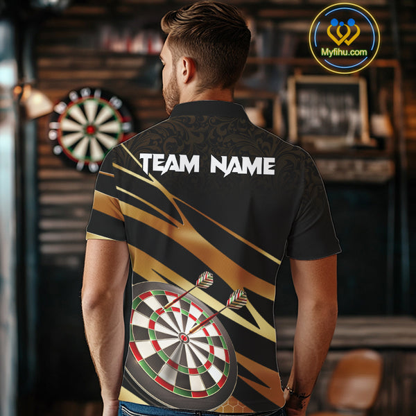 Black And Gold Dart Shirts For Men Custom 3D Dartboard Jersey, Darts Team Polo & Quarter Zip TDM4094