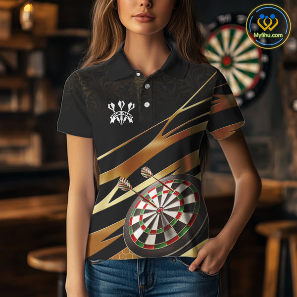 Black And Gold Dart Shirts For Women Custom 3D Dartboard Jersey, Darts Team Polo & Quarter Zip TDM4094