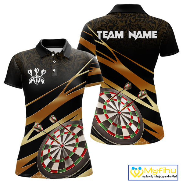 Black And Gold Dart Shirts For Women Custom 3D Dartboard Jersey, Darts Team Polo & Quarter Zip TDM4094
