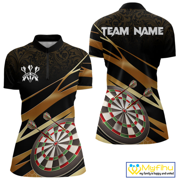 Black And Gold Dart Shirts For Women Custom 3D Dartboard Jersey, Darts Team Polo & Quarter Zip TDM4094